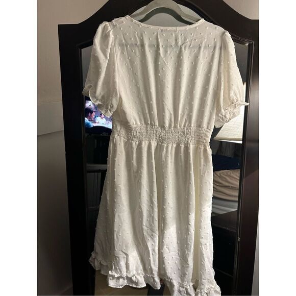 NEW White V Neck Short Sleeve Swiss Dot Mini Dress Pockets M - Picture 7 of 7